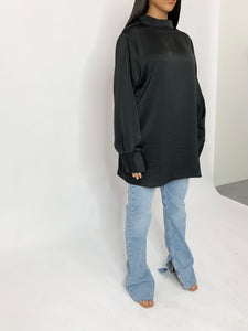 Blouse oversize à col montant en crêpe de soie - Noir