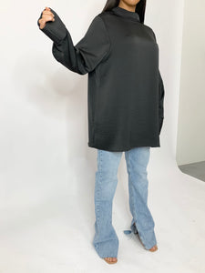 Blouse oversize à col montant en crêpe de soie - Noir