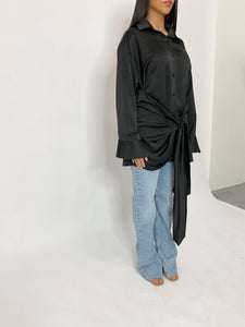 Chemise oversize coupe portefeuille en crêpe de soie  - Noir