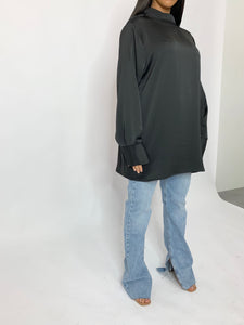 Blouse oversize à col montant en crêpe de soie - Noir