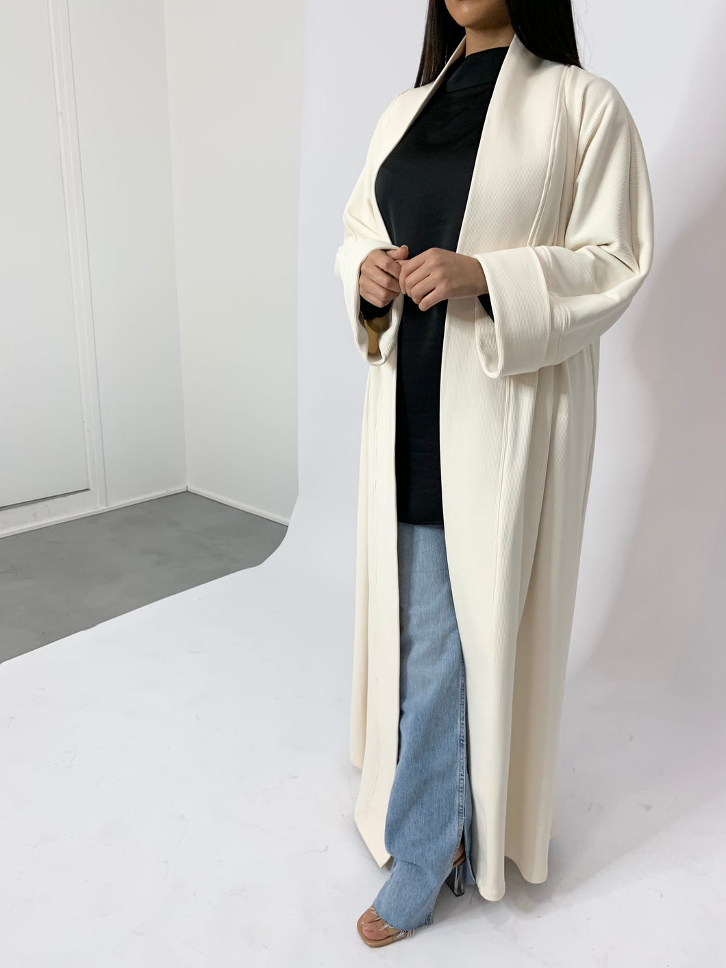 Kimono cardigan long en maille côtelé - Nude