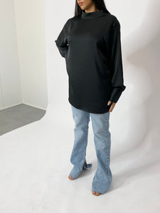 Blouse oversize à col montant en crêpe de soie - Noir